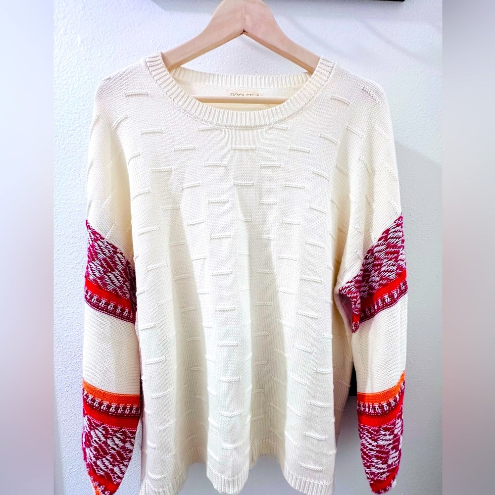 Roolee 2XL cream, red, orange crew neck knit sweater.